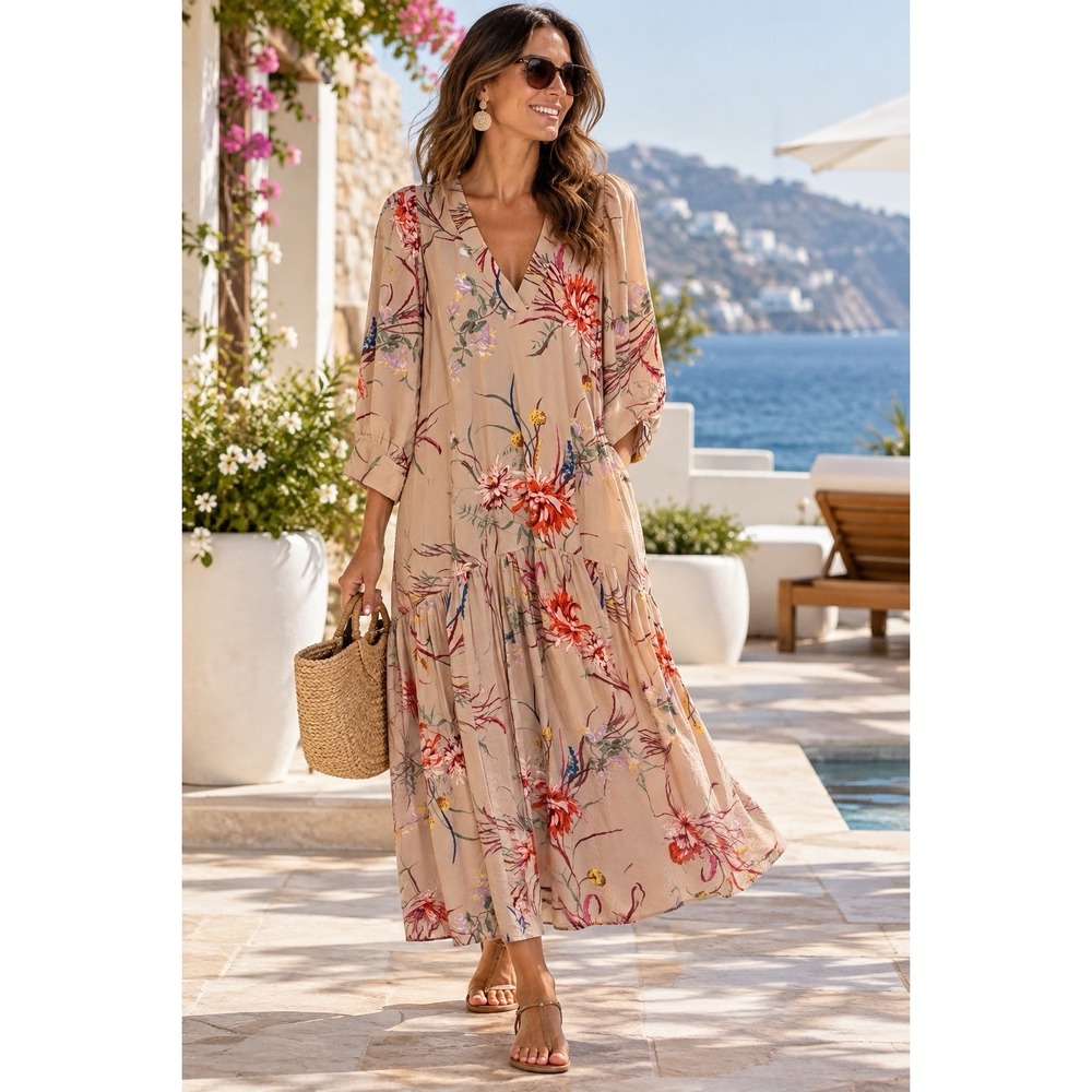 H&M Peach Floral Maxi Dress Sz S Drop Waist V Neck Puff Slvs Cottagecore Fairy